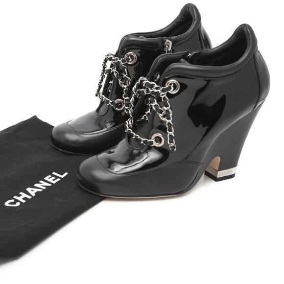 Chanel Patent Calfskin Leather Lambskin Lace Up Wedge Short Boots Black Silver - Picture 3 of 16